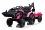 Tracteur électrique TOP-WORKER 12V avec bennes et remorque, siège simple, rose, siège souple en PU, lecteur MP3 avec entrée USB, traction arrière, 2 moteurs de 45 W, roues en EVA, batterie lithium.