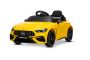 Voiture électrique pour enfants Mercedes CLE 12V avec propulsion arrière, jaune, monoplace, batterie lithium, éclairage LED, siège large, télécommande 2,4 GHz, lecteur MP3 avec entrée USB/AUX et connexion Bluetooth, licence ORIGINALE
