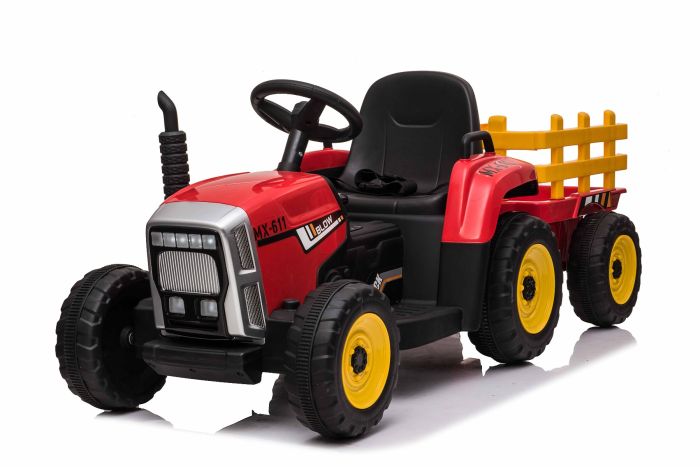 Tracteur électrique WORKERS avec remorque, rouge, traction arrière,  batterie 12V, roues Plastique, siège large, télécommande 2,4 GHz, lecteur  MP3 avec entrée USB +Bluetooth, lumières LED