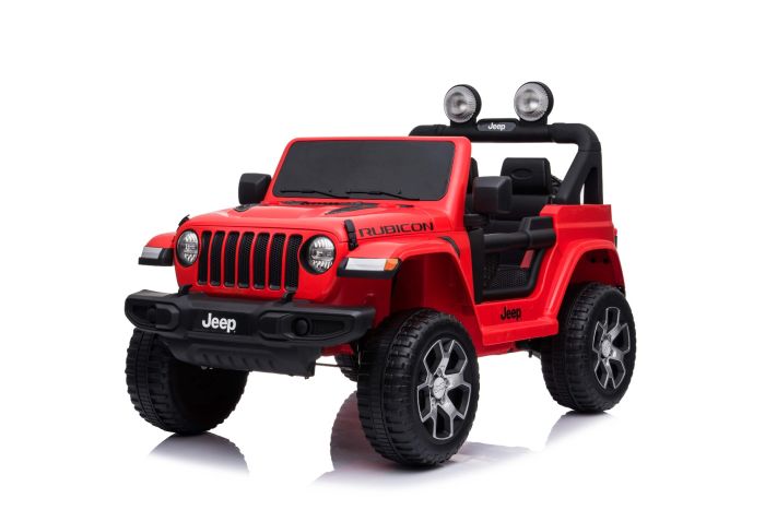 Voiture electrique pour enfants 12V JEEP Wrangler rouge Siege double en similicuir Radio avec entree Bluetooth et USB Transmission 4x4 Batterie
