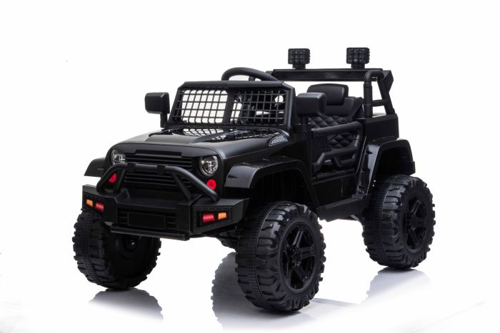 Voiture électrique 12V OFFROAD à traction arrière, noire, batterie 12V,  Châssis haut, siège large, Essieux suspendus, Télécommande 2,4 GHz, Lecteur  MP3 avec entrée USB / SD, Éclairage LED