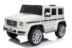 Voiture électrique Mercedes G500 12V, blanche, télécommande 2,4 GHz, entrée USB / SD, suspension arrière, batterie lithium, éclairage LED, licence ORIGINALE