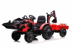 Tracteur électrique enfants 12V TOP-WORKER avec louches et remorque, Monoplace, rouge, siège en PU souple, Lecteur MP3 avec entrée USB, Propulsion arrière, Moteur 2 x 45W, Roues EVA, Batterie 12V/10Ah