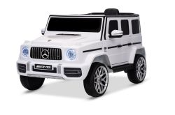 Voiture électrique pour enfant Mercedes G, neuve, Blanc , sous licence officielle, à batterie, portes ouvrantes, siège simple, 2 moteurs, batterie lithium, télécommande 2,4 GHz, suspension arrière, démarrage en douceur.