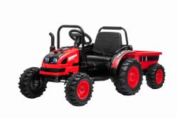 Tracteur électrique POWER avec remorque, rouge, traction arrière, batterie 12V, roues en plastique, siège large, télécommande 2,4 GHz, lecteur MP3 avec USB,  éclairage LED