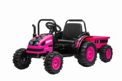 Tracteur électrique POWER avec remorque, rose, traction arrière, batterie 12V, roues en plastique, siège large, télécommande 2,4 GHz, lecteur MP3 avec USB, éclairage LED