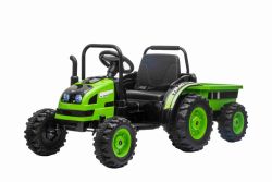 Tracteur électrique POWER avec remorque, vert, traction arrière, batterie 12V, roues en plastique, siège large, télécommande 2,4 GHz, lecteur MP3 avec USB,  éclairage LED