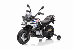 Moto électrique enfants 12V BMW F850 GS, sous licence, batterie 12 V, roues souples EVA, moteurs 2 x 35 W, feux LED, roues auxiliaires, lecteur MP3 avec entrée USB/Aux, blanc