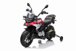Moto électrique enfants 12V BMW F850 GS, sous licence, batterie 12V, roues souples EVA, moteurs 2 x 35W, feux LED, roues auxiliaires, lecteur MP3 avec entrée USB/Aux, rouge