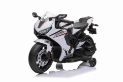 Moto électrique enfants 12V HONDA CBR 1000RR, sous licence, batterie 12V, siège en similicuir, roues en plastique, moteur 30W, feux à LED, châssis massif, roues auxiliaires, blanc