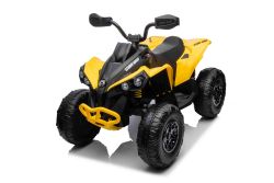 Quad electric enfants 12V, Can-am Renegade, jaune, voiture electrique enfants 12V, lumières LED, batterie 12V, moteurs 2 x 35W, roues souples en EVA, lecteur MP3 avec entrée USB/AUX, sous licence