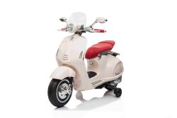 Scooter électrique porteur Vespa 946 avec marche arrière, blanc, Autorisé, roues auxiliaires, 2 x Batterie 6V, 2x Moteurs 30W, Siège en cuir, Lecteur MP3 avec entrée USB