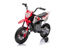 Moto électrique pour enfants 12V MOTOCROSS, Rouge, Batterie 12V, Roues souples EVA, Siège en cuir, Moteur 2 x 25W, Suspension, Cadre en métal, Lecteur MP3 avec Bluetooth, roues auxiliaires