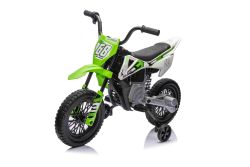 Moto électrique pour enfants 12V MOTOCROSS, Verte, Batterie 12V, Roues souples EVA, Siège en cuir, Moteur 2 x 25W, Suspension, Cadre en métal, Lecteur MP3 avec Bluetooth, roues auxiliaires