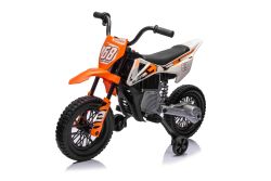 MOTOCROSS Électrique Porteur, Orange, Batterie 12V, Roues souples EVA, Siège en cuir, Moteur 2 x 25W, Suspension, Cadre en métal, Lecteur MP3 avec Bluetooth, roues auxiliaires