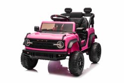 Voiture électrique Ford Bronco avec traction arrière, sous licence (siège unique), rose, batterie lithium, haute garde au sol, siège large, suspension de l'essieu arrière, télécommande 2,4 GHz, lecteur MP3 avec entrée USB, feux LED.