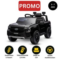 Voiture electrique enfant 12V FORD Ranger, noir, Siège en cuir, Télécommande 2,4 GHz, Entrée Bluetooth / USB, Suspension, Batterie 12V, Roues en plastique, Moteurs 2 X 30W, Licence ORIGINALE