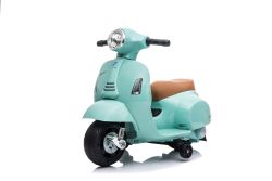 Scooter électrique enfants 6V Vespa GTS, bleu, avec roues auxiliaires, Autorisé, Batterie au lithium, Siège en cuir, Moteur 30W