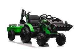 Tracteur électrique enfants 12V TOP-WORKER avec louches et remorque, Monoplace, vert, siège en PU souple, Lecteur MP3 avec entrée USB, Propulsion arrière, Moteur 2 x 45W, Roues EVA, Batterie 12V/10Ah