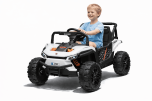 Voiture électrique enfants 12V UTV Small, blanche, propulsion arrière, batterie 12V, roues en plastique, large siège double pour un seul enfant, télécommande 2,4 GHz, lecteur MP3 avec entrée USB/SD, lumières LED