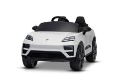 Voiture électrique pour enfants Porsche Macan 12V sous licence, avec propulsion arrière (siège unique), blanco, batterie au lithium, siège large, essieux avec suspension, télécommande 2,4 GHz, lecteur MP3 avec entrée USB/AUX, feux LED