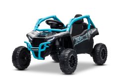 Voiture électrique pour enfants Kawasaki TERYX KRX 1000 12V, bleue, siège unique, suspension arrière, télécommande 2,4 GHz, batterie lithium, 2 moteurs de 25W, cadres de protection ouvrants, lecteur MP3 avec entrée USB/AUX, sous licence