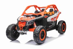 4x4 Buggy voiture électrique enfants 24V 2 places à chevaucher Can-am Maverick, orange, suspension arrière, télécommande 2,4 Ghz, Batterie lithium portable, 4 moteurs 200 W,roues EVA, siège conducteur réglable, lecteur MP3 avec entrée USB/SD, sous licence