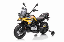 Moto électrique enfants 12V BMW F850 GS, sous licence, batterie 12V, roues souples EVA, moteurs 2 x 35W, lumières LED, roues auxiliaires, lecteur MP3 avec entrée USB / AUX, jaune