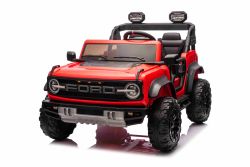 Voiture électrique pour enfants Ford Bronco XL avec propulsion arrière, sous licence (deux places), rouge, batterie au lithium, suspension haute, deux sièges, essieu arrière suspendu, télécommande 2,4 GHz, lecteur MP3 avec entrée USB, lumières LED