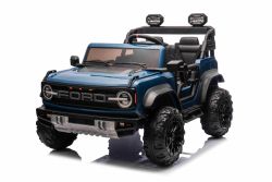 Voiture électrique pour enfants Ford Bronco XL avec propulsion arrière, sous licence (deux places), bleue, batterie au lithium, suspension haute, deux sièges, essieu arrière suspendu, télécommande 2,4 GHz, lecteur MP3 avec entrée USB, lumières LED