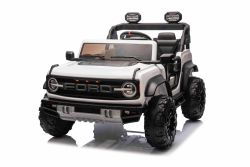 Voiture électrique pour enfants Ford Bronco XL avec propulsion arrière, sous licence (deux places), blanche, batterie au lithium, suspension haute, deux sièges, essieu arrière suspendu, télécommande 2,4 GHz, lecteur MP3 avec entrée USB, lumières LED