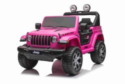 4x4 Voiture électrique pour enfants 12V JEEP Wrangler, Rose, Siège double en similicuir, Radio avec entrée Bluetooth et USB, Transmission 4x4, Batterie au lithium, Roues EVA, Essieux de suspension, Télécommande 2,4 GHz, Licence