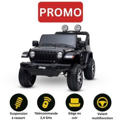 Voiture électrique enfants 4x4 JEEP Wrangler, Noir , Siège double en similicuir, Radio avec entrée Bluetooth et USB, Transmission 4x4, Batterie au lithium, Roues EVA, Essieux de suspension, Télécommande 2,4 GHz, Licence