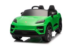 Voiture électrique pour enfants Porsche Macan 12V sous licence, avec propulsion arrière (siège unique), verte, batterie au lithium, siège large, essieux avec suspension, télécommande 2,4 GHz, lecteur MP3 avec entrée USB/AUX, feux LED