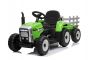 Tracteur électrique WORKERS avec remorque, vert, traction arrière, batterie 12V, roues Plastique, large siège, télécommande 2,4 GHz, lecteur MP3 avec entrée USB, lumières LED