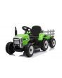 Tracteur électrique WORKERS avec remorque, vert, traction arrière, batterie 12V, roues Plastique, large siège, télécommande 2,4 GHz, lecteur MP3 avec entrée USB, lumières LED