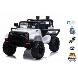 Voiture électrique OFFROAD à traction arrière, blanche, batterie 12V, Châssis haut, siège large, Essieux suspendus, Télécommande 2,4 GHz, Lecteur MP3 avec entrée USB, Éclairage LED