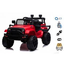 Voiture électrique OFFROAD à traction arrière, rouge, batterie 12V, Châssis haut, siège large, Essieux suspendus, Télécommande 2,4 GHz, Lecteur MP3 avec entrée USB, Éclairage LED