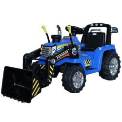 MASTERS de tracteur électrique avec louche, bleu, traction arrière, batterie 12V, moteurs 2 x 25W, Louche avant, large siège en plastique, télécommande 2,4 GHz, lecteur MP3 avec entrée AUX, lumières LED