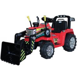 MASTERS de tracteur électrique avec louche, rouge, traction arrière, batterie 12V, moteurs 2 x 25W, Louche avant, large siège en plastique, télécommande 2,4 GHz, lecteur MP3 avec entrée AUX, lumières LED