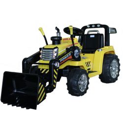 MASTERS de tracteur électrique avec louche, jaune, traction arrière, batterie 12V, moteurs 2 x 25W, Louche avant, large siège en plastique, télécommande 2,4 GHz, lecteur MP3 avec entrée AUX, lumières LED