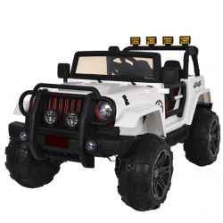 Voiture électrique enfant OFFROAD XXL 4x4, blanche, batterie 12V, Châssis haut, Siège double similicuir, Roues Eva, Essieu suspendu, Télécommande 2,4 GHz, Lecteur MP3 avec entrée USB/SD, Lumières LED