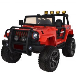Voiture électrique enfant OFFROAD XXL 4x4, rouge, batterie 12V, Châssis haut, Siège double similicuir, Roues Eva, Essieu suspendu, Télécommande 2,4 GHz, Lecteur MP3 avec entrée USB/SD, Lumières LED