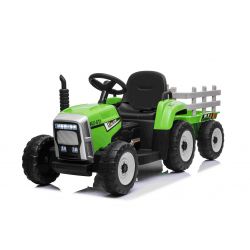 Tracteur électrique WORKERS avec remorque, vert, traction arrière, batterie 12V, roues Plastique, large siège, télécommande 2,4 GHz, lecteur MP3 avec entrée USB, lumières LED