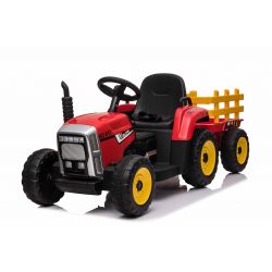 Tracteur électrique WORKERS avec remorque, rouge, traction arrière, batterie 12V, roues Plastique, siège large, télécommande 2,4 GHz, lecteur MP3 avec entrée USB , lumières LED