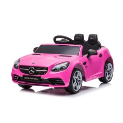 Voiture électrique à chevaucher Mercedes-Benz SLC 12V, rose, siège en similicuir, télécommande 2,4 GHz, entrée USB / AUX, suspension arrière, lumières LED, roues souples en EVA, MOTEUR 2 X 30W, licence ORIGINALE