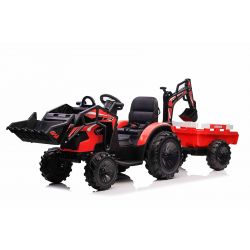 Tracteur électrique TOP-WORKER 12V avec louches et remorque, Monoplace, rouge, Télécommande 2.4Ghz, siège en PU souple, Lecteur MP3 avec entrée USB, Propulsion arrière, Moteur 2 x 45W, Roues EVA, Batterie 12V / 10Ah