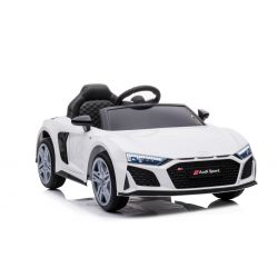 Voiture électrique enfant Audi R8 Spyder NOUVEAU type, blanc, sous licence d'origine, alimenté par batterie, portes ouvrantes, siège en plastique, moteur 2x 25W, batterie 12V, télécommande 2,4 Ghz, démarrage en douceur, lecteur MP3