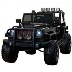 Voiture électrique enfant OFFROAD XXL 4x4, noire, batterie 12V, Châssis haut, Siège double en similicuir, Roues Eva, Essieu suspendu, Télécommande 2,4 GHz, Lecteur MP3 avec entrée USB/SD, Lumières LED