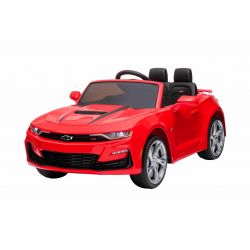 Voiture électrique Chevrolet Camaro, rouge, sous licence d'origine, alimenté par batterie 12 V, portes qui s'ouvrent, Siège en cuir artificiel, moteur 2x 35 W, lumières LED, télécommande 2,4 Ghz, roues EVA souples, démarrage en douceur